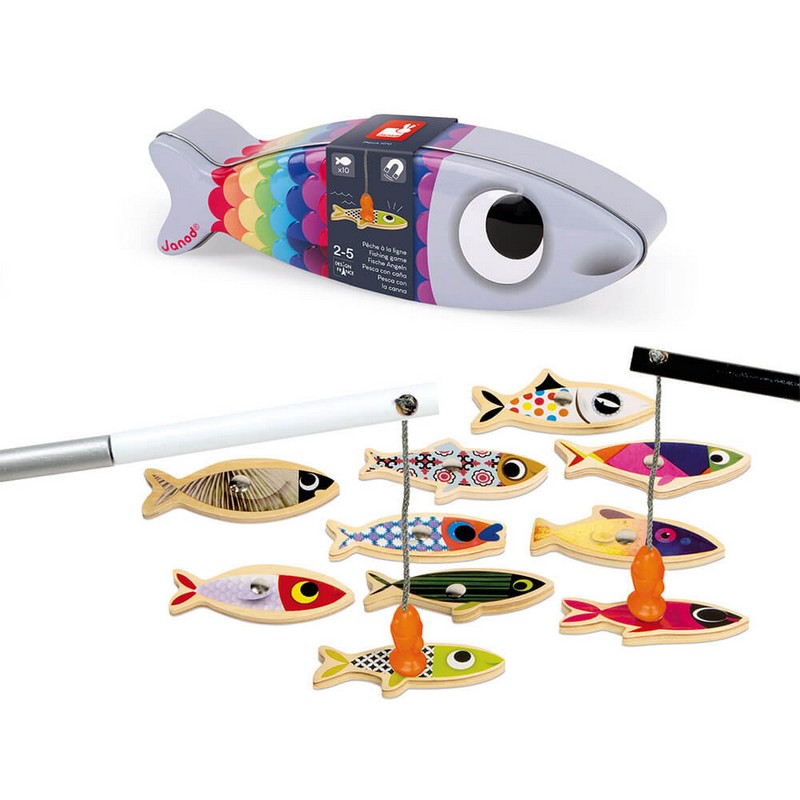 Gioco per bambini di pesca dei pesci con la lenza magnetica composto da 10 buffe sardine multicolore e 2 canne da pesca in legno con amo in plastica a forma di pesce, ideale per i bambini dai 2 anni in su