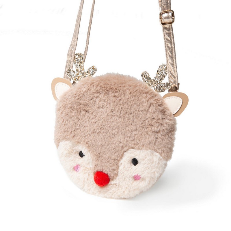 Borsetta renna natalizia peluche per bambina, a tracolla con chiusura a clip