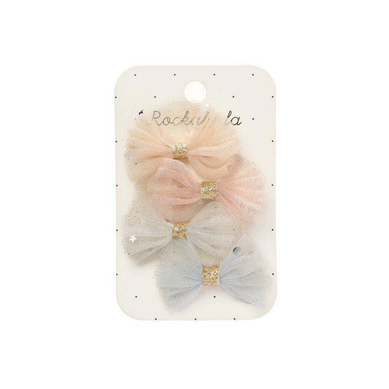 Set 4 mollette per capelli tulle per bambina, di colore azzurro e rosa
