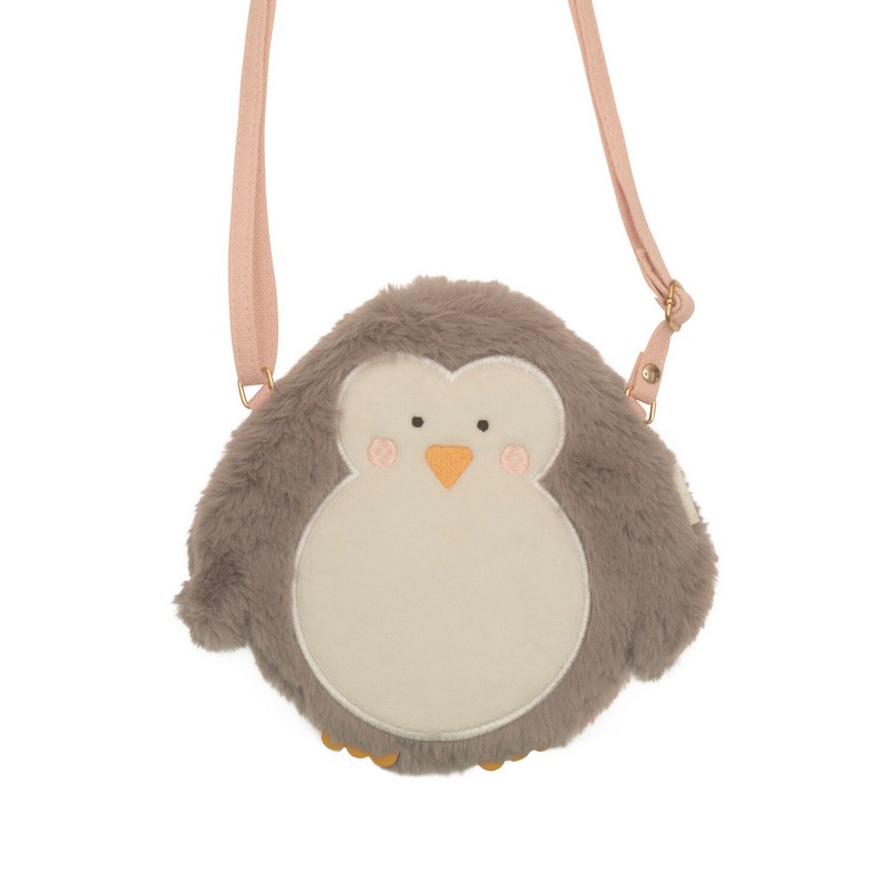 Borsa pinguino peluche per bambina, a tracolla con chiusura a clip