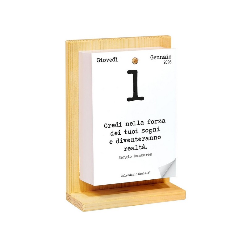 Calendario geniale 2026 con supporto in legno di abete, il calendario giornaliero con una frase motivazionale al giorno e tanti bonus digitali
