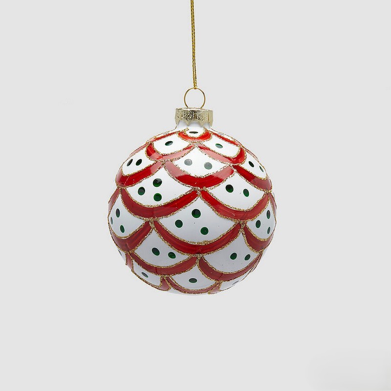 Pallina di Natale bianca a balze rosse con pois verdi in vetro, ideale per arricchire i tuoi addobbi per albero di Natale