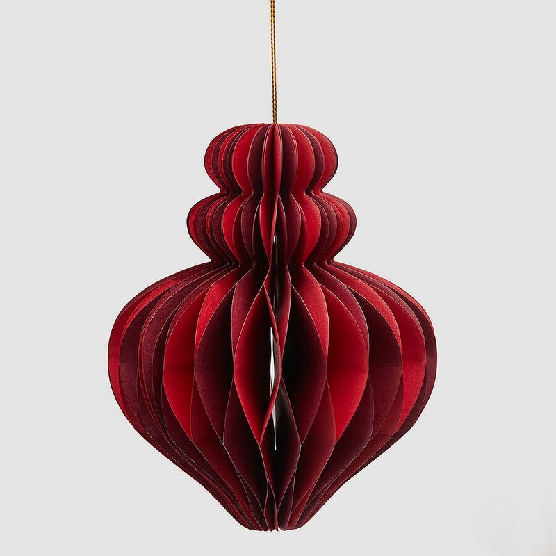 Pallina di Natale trottola origami rossa in carta con dettagli oro, richiudibile e salvaspazio, una decorazione originale ideale per arricchire i tuoi addobbi per albero di Natale