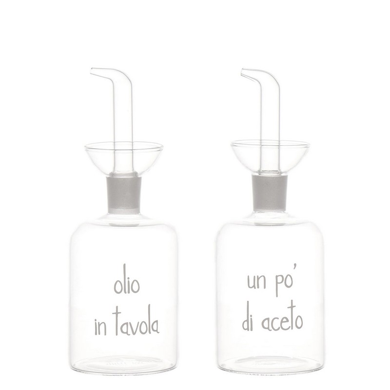 Set olio e aceto in vetro con scritte “Olio in tavola” e “Un po' di aceto”