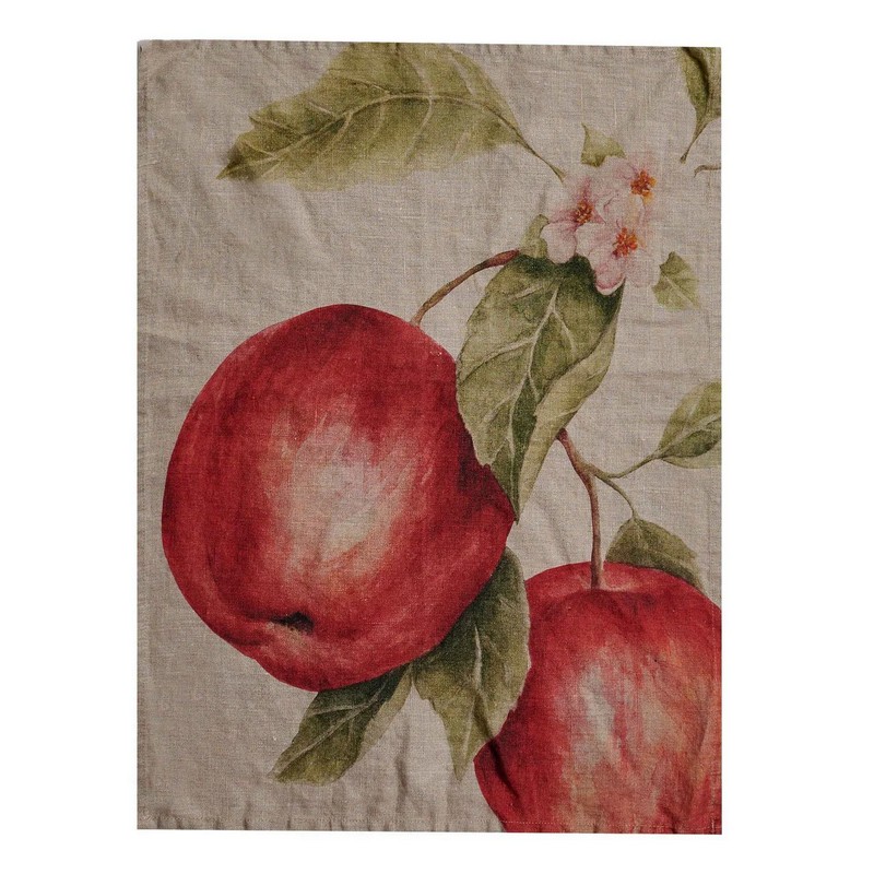 Asciugapiatti in lino decorato con disegno acquerello di mele e fiori