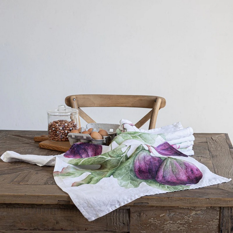 Asciugapiatti in lino decorato con disegno acquerello di fichi e foglie