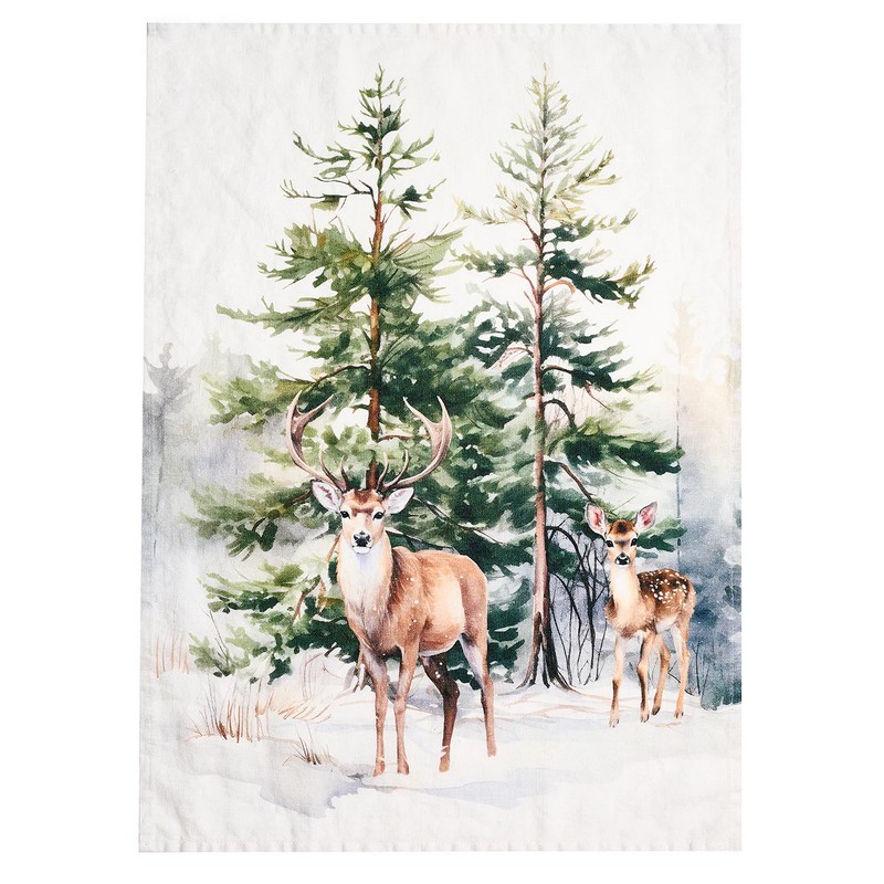 Asciugapiatti in lino decorato con cervo e cerbiatto nel bosco innevato