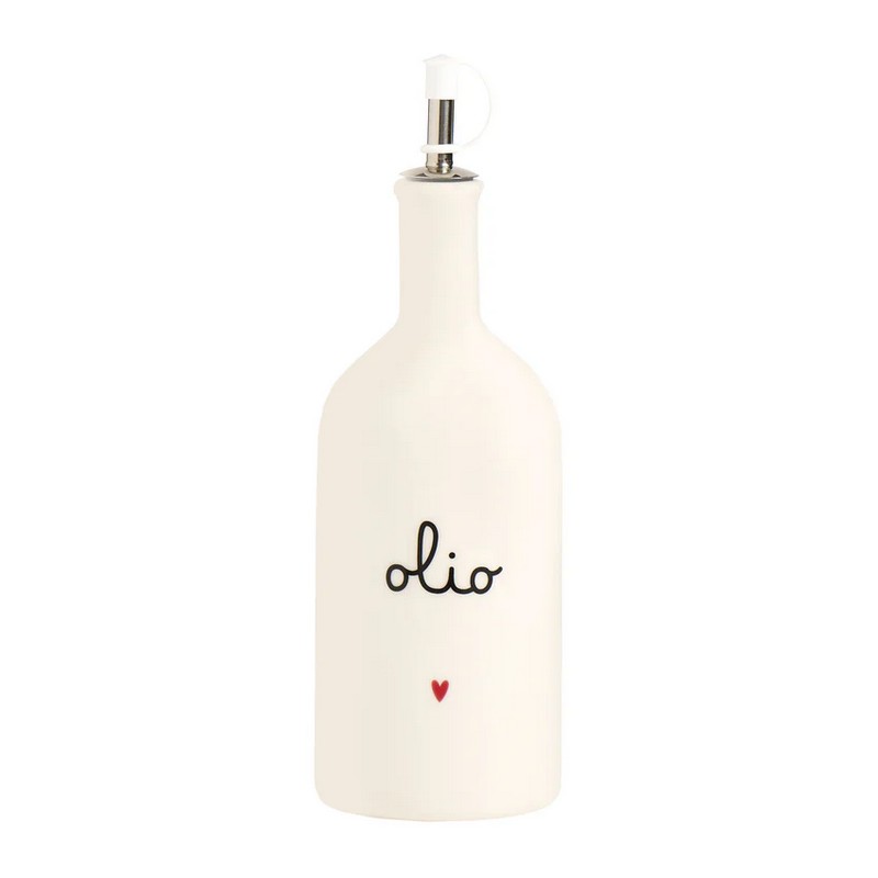 Oliera bianca in gres decorata con scritta “Olio” e cuore