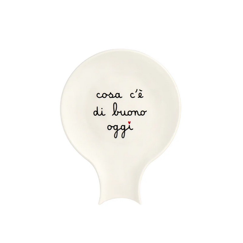 Poggiamestolo in gres bianco decorato con scritta “Cosa c'è di buono oggi”
