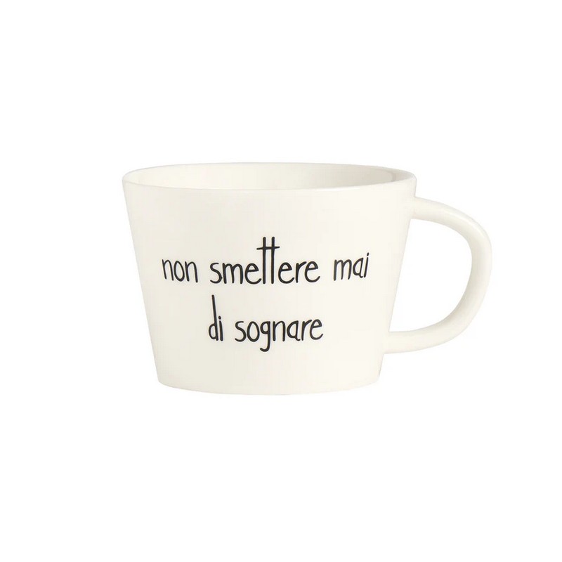 Tazza colazione grande con manico in gres bianco decorata con scritta “Non smettere mai di sognare”