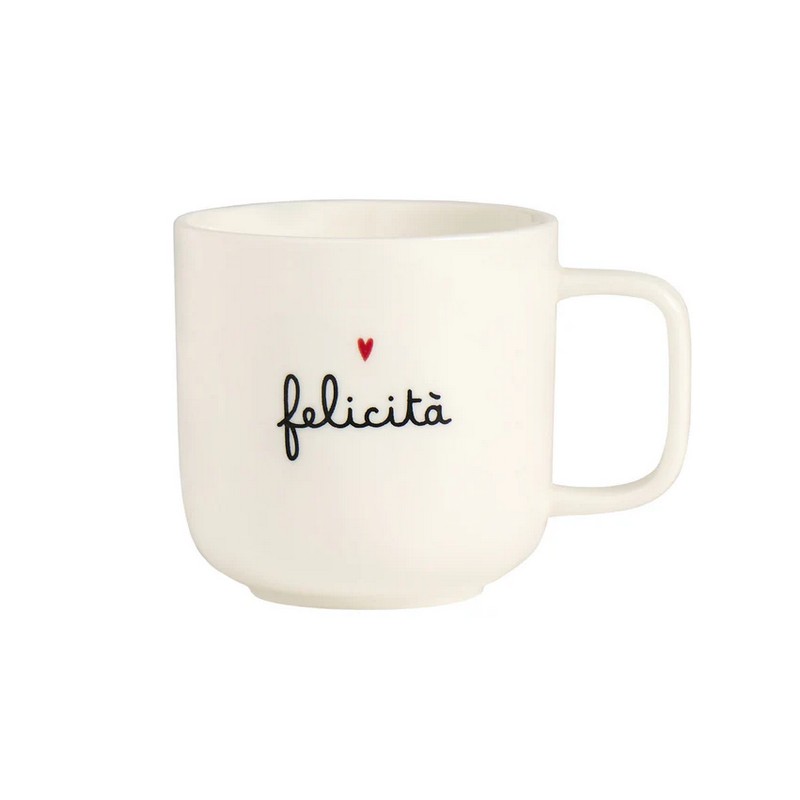 Tazza mug bianca in gres decorata con scritta “Felicità” e cuoricino