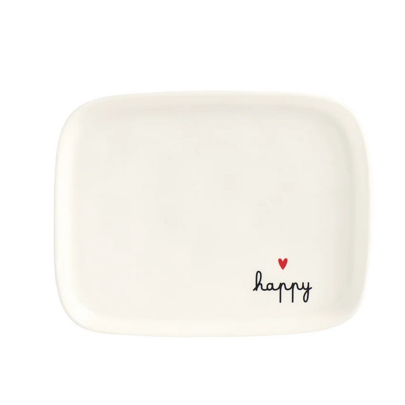 Piatto rettangolare in gres bianco decorato con scritta “Happy” e cuore
