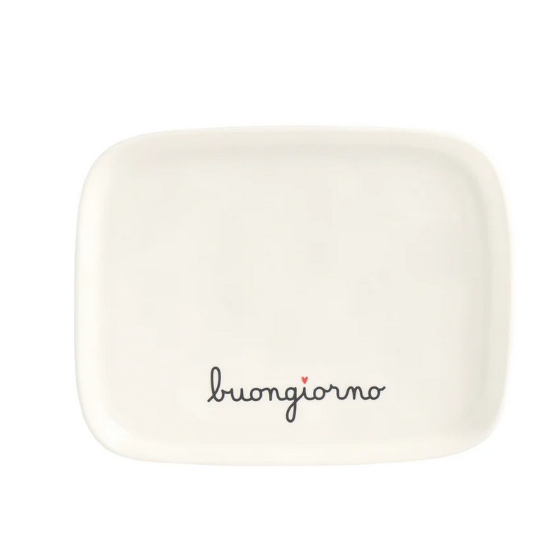 Piatto rettangolare in gres bianco decorato con scritta “Buongiorno” e cuore