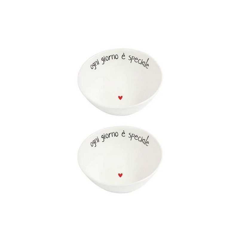 Set 2 coppette in gres bianco decorate con scritta “Ogni giorno è speciale” e cuore