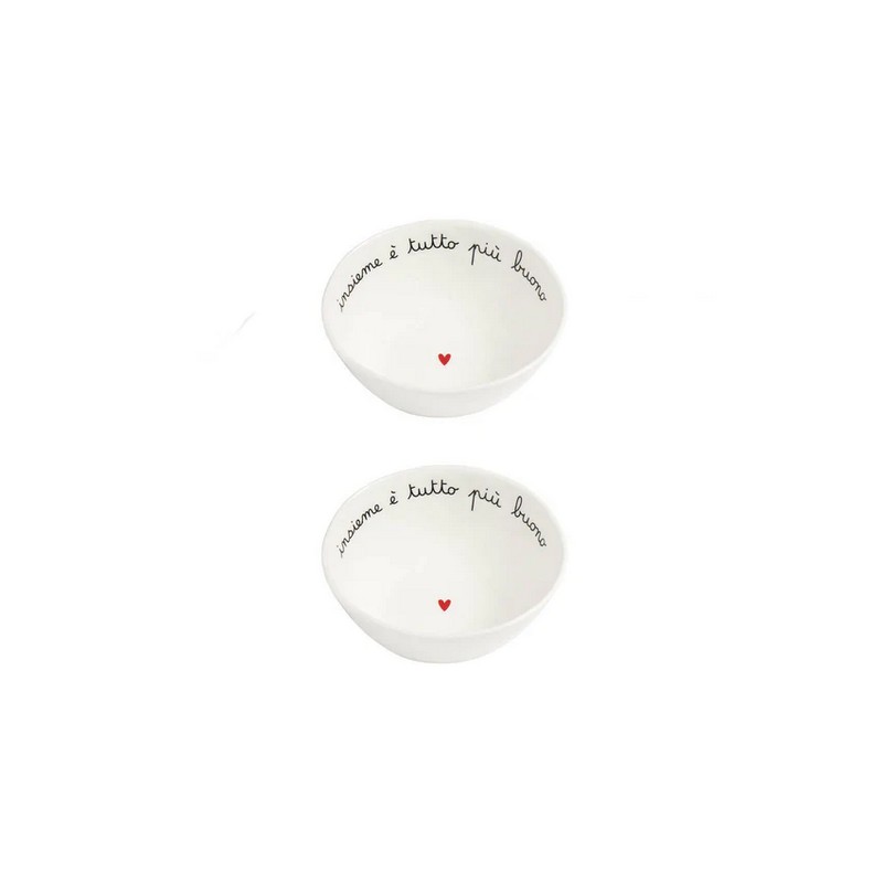 Set 2 coppette in gres bianco decorate con scritta “Insieme è tutto più buono” e cuore