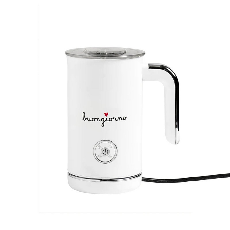 Montalatte elettrico bianco decorato con scritta “Buongiorno”