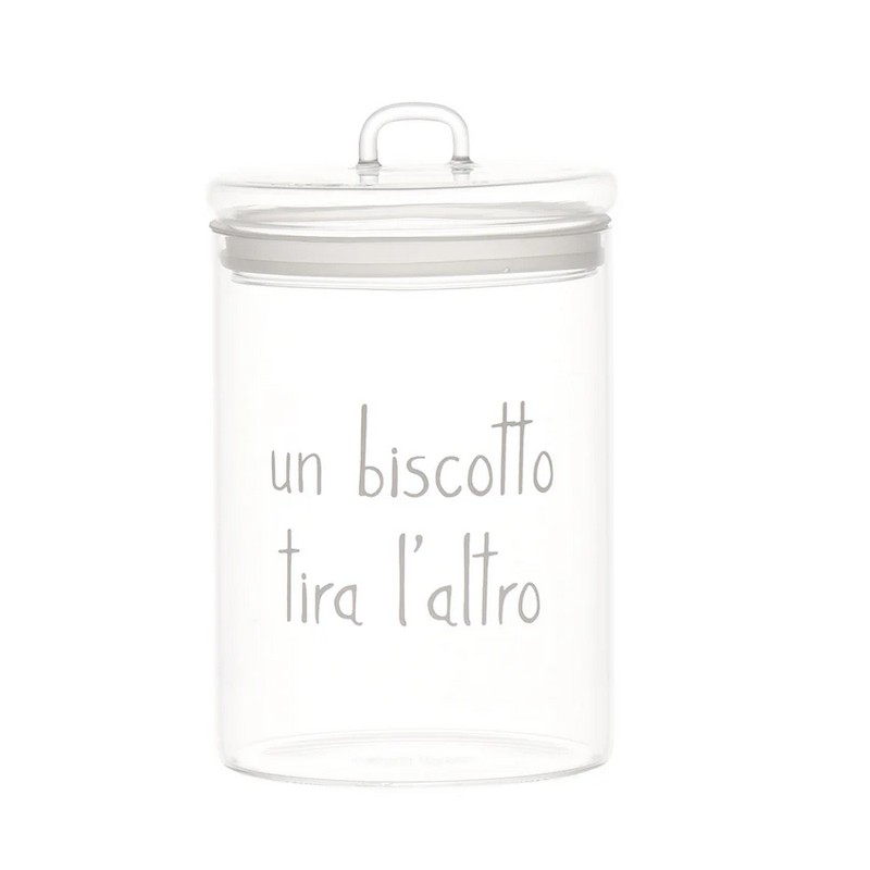 Biscottiera in vetro decorata con scritta “Un biscotto tira l'altro” con coperchio ermetico