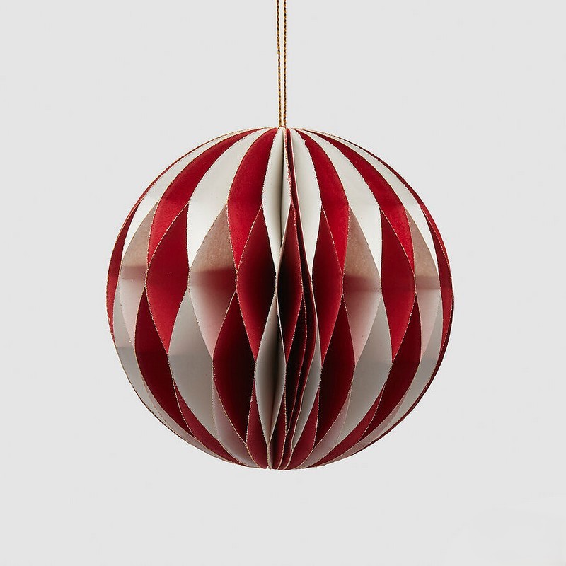 Pallina di Natale origami bianca e rossa in carta, richiudibile e salvaspazio, una decorazione originale ideale per arricchire i tuoi addobbi per albero di Natale