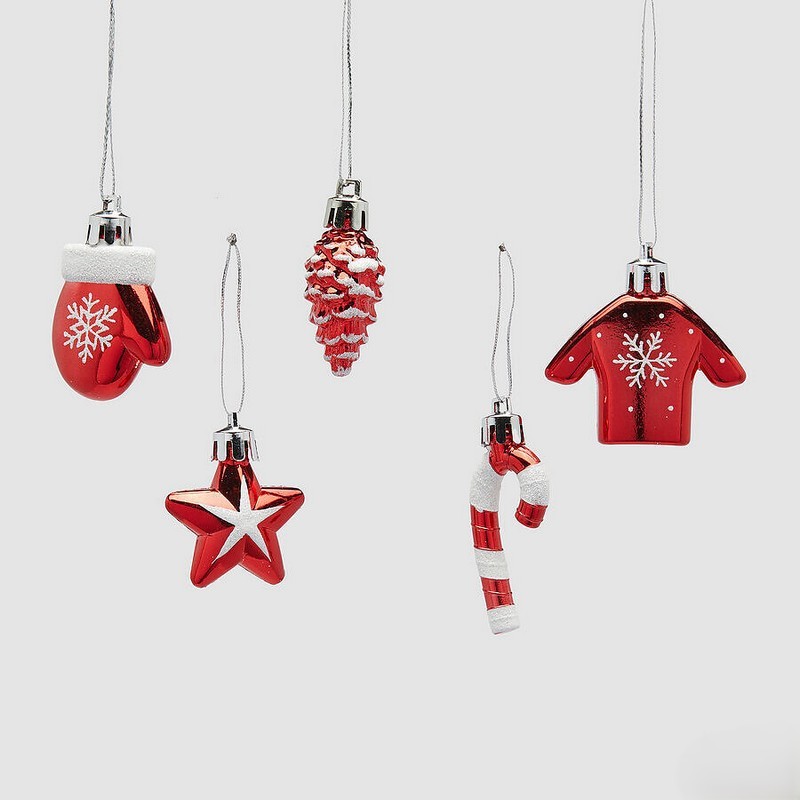 Set 5 addobbi natalizi misti con guanto, pigna, maglione, stella e bastoncino di zucchero
