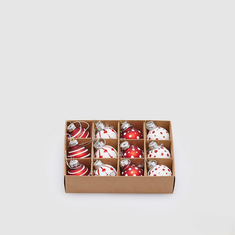 Set 12 palline di Natale bianche e rosse con decori misti
