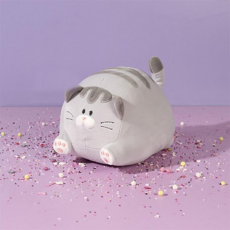 Peluche morbido a forma gatto tondo in 4 varianti assortite, utilizzabile anche come cuscino