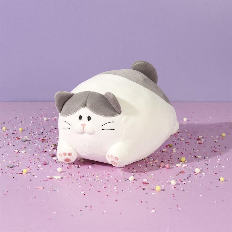 Peluche morbido a forma gatto tondo in 4 varianti assortite, utilizzabile anche come cuscino