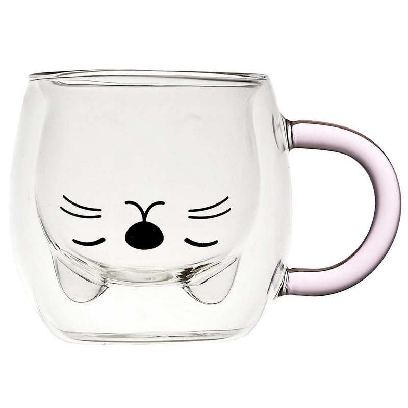 Tazza mug in vetro con doppia parete decorata con gatto