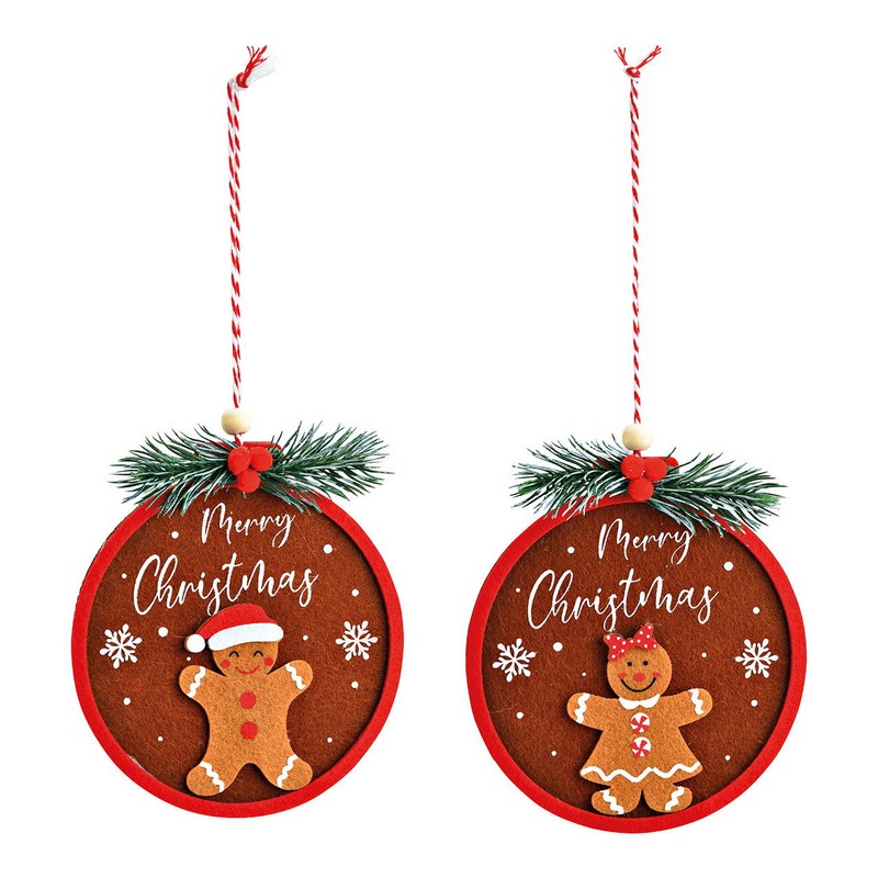 Pallina di Natale piatta in poliestere con omino di panpepato in 2 varianti assortite, ideale per arricchire i tuoi addobbi per albero di Natale