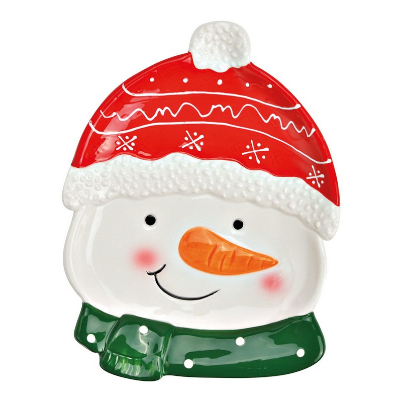 Piatto natalizio a forma di faccia di pupazzo di neve dipinto a mano in ceramica