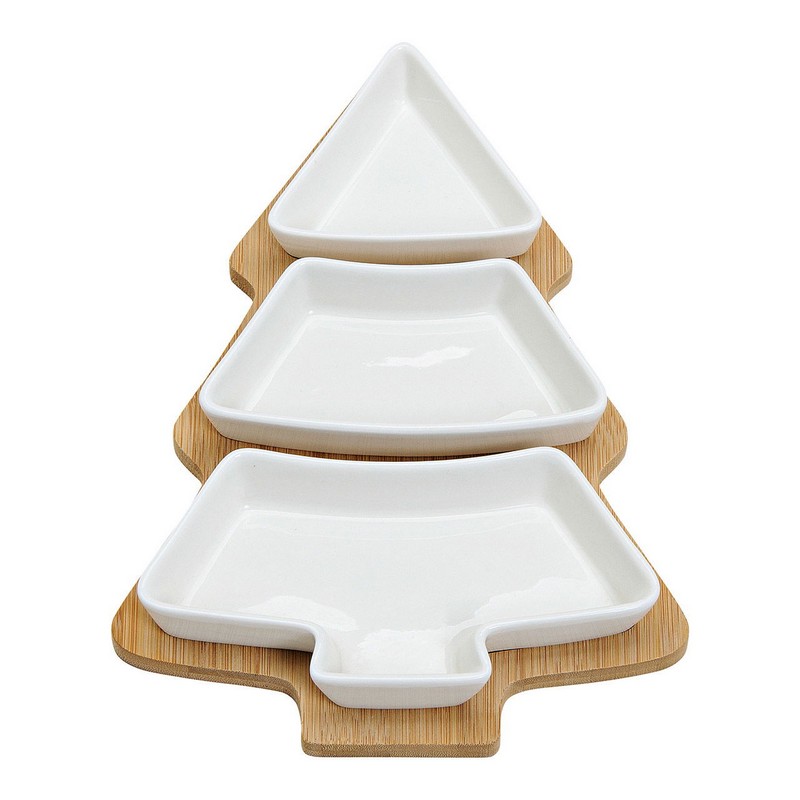 Set antipasti composto da 3 ciotole in porcellana su base in legno a forma di albero di Natale