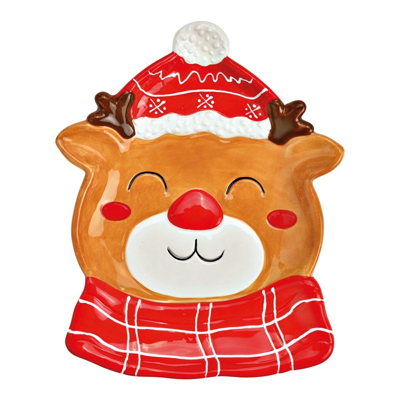 Piatto a forma di renna natalizia in ceramica, dipinto a mano