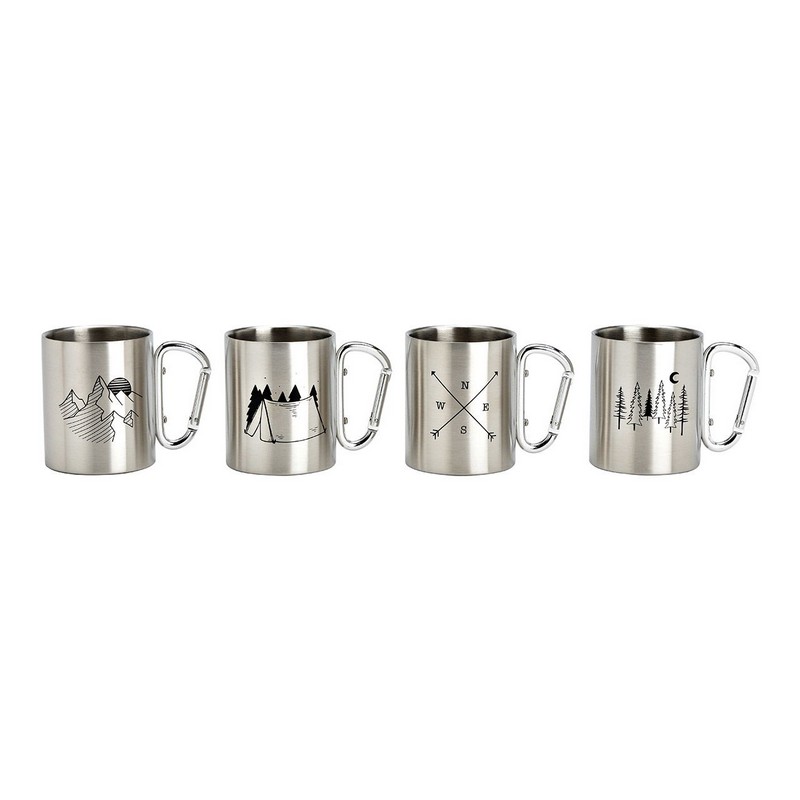 Tazza mug in acciaio con moschettone in 4 varianti assortite, raffiguranti montagne, tenda, punti cardinali e bosco, perfetta per gli appassionati di campeggio!