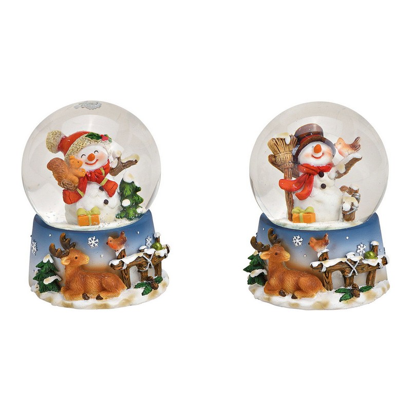 Boule de neige con pupazzo di neve e animali su base con paesaggio natalizio notturno in 2 varianti assortite