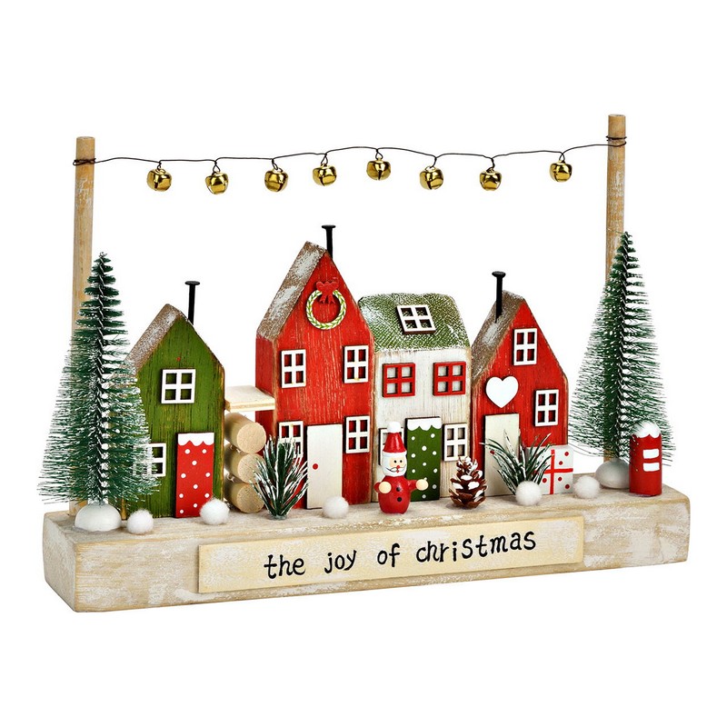 Paesaggio natalizio con casette in legno con campanelle, albero, Babbo Natale e scritta “The joy of Christmas”, ideale come decoro d'appoggio per la stagione natalizia!