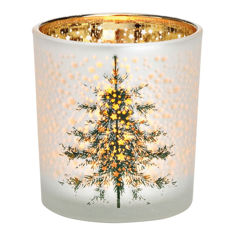 Bicchiere portacandela tealight con interno oro decorato con albero di Natale, perfetto per un'atmosfera festiva