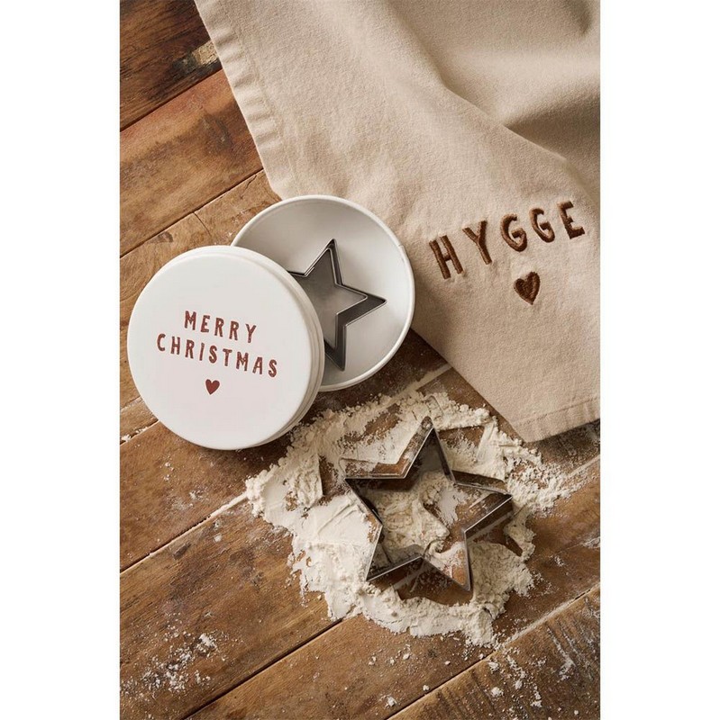 Scatola in latta decorata con folletto contenente 3 tagliabiscotti a forma di albero di Natale di dimensioni diverse