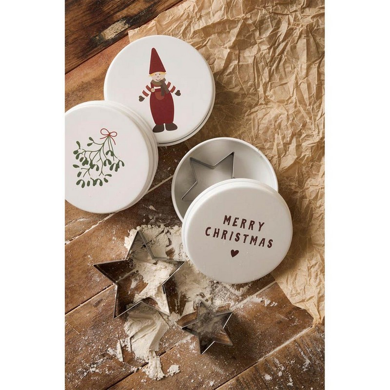 Scatola in latta decorata con folletto contenente 3 tagliabiscotti a forma di albero di Natale di dimensioni diverse
