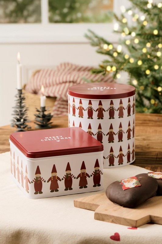 Scatola in latta con decoro natalizio da cucina di forma quadrata con coperchio