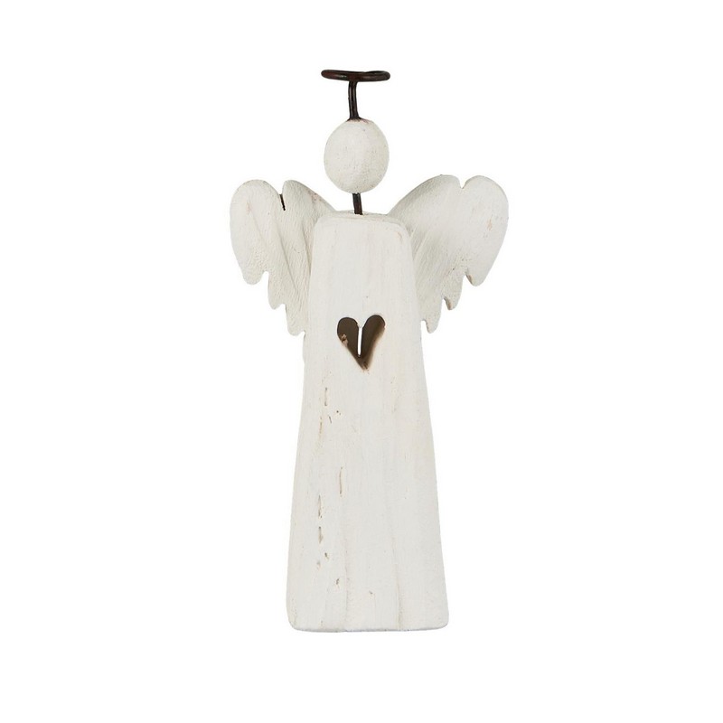 Angelo con cuore in legno bianco intagliato con aureola in ferro