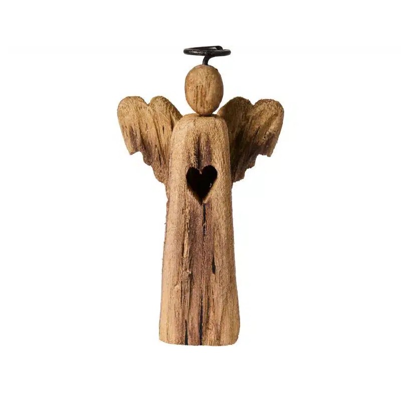 Angelo con cuore in legno naturale intagliato con aureola in ferro