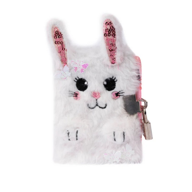 Diario segreto per bambini con copertina coniglio con pelo bianco, include lucchetto e penna