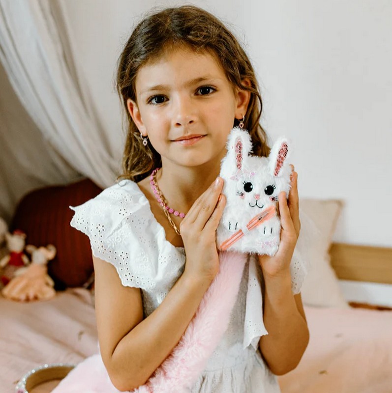 Diario segreto per bambini con copertina coniglio con pelo bianco, include lucchetto e penna