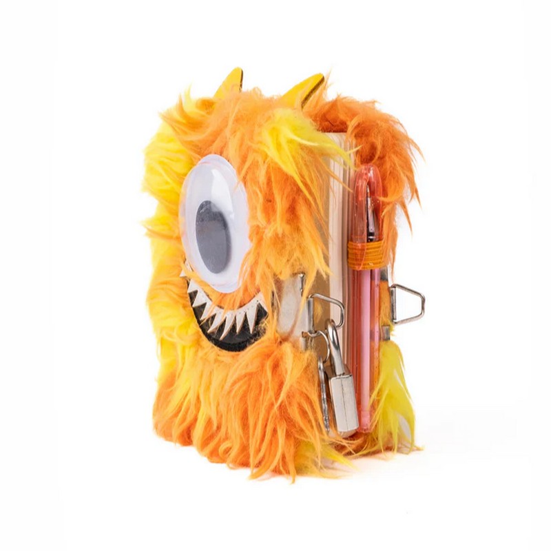 Diario segreto per bambini con copertina mostro con pelo arancione, include lucchetto e penna