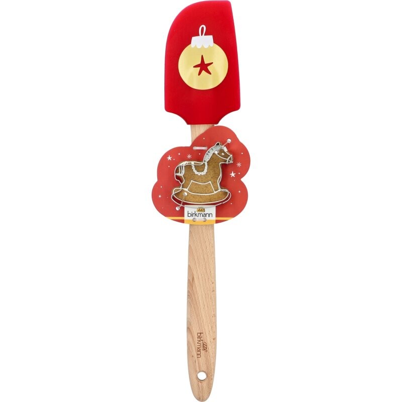 Set natalizio contenente spatola decorata con pallina di Natale e tagliabiscotti a forma di cavallo a dondolo