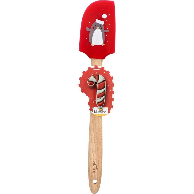 Set natalizio contenente spatola decorata con pinguino e tagliabiscotti a forma di bastoncino di zucchero