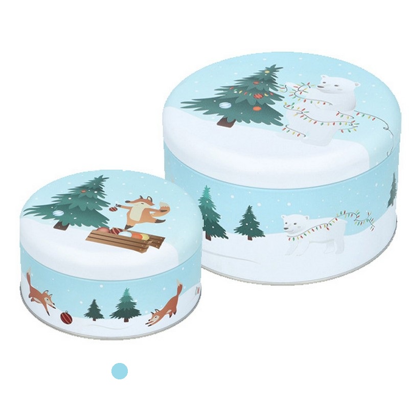 Scatola in latta decorata con paesaggio natalizio innevato e volpi, adatta al contatto con gli alimenti