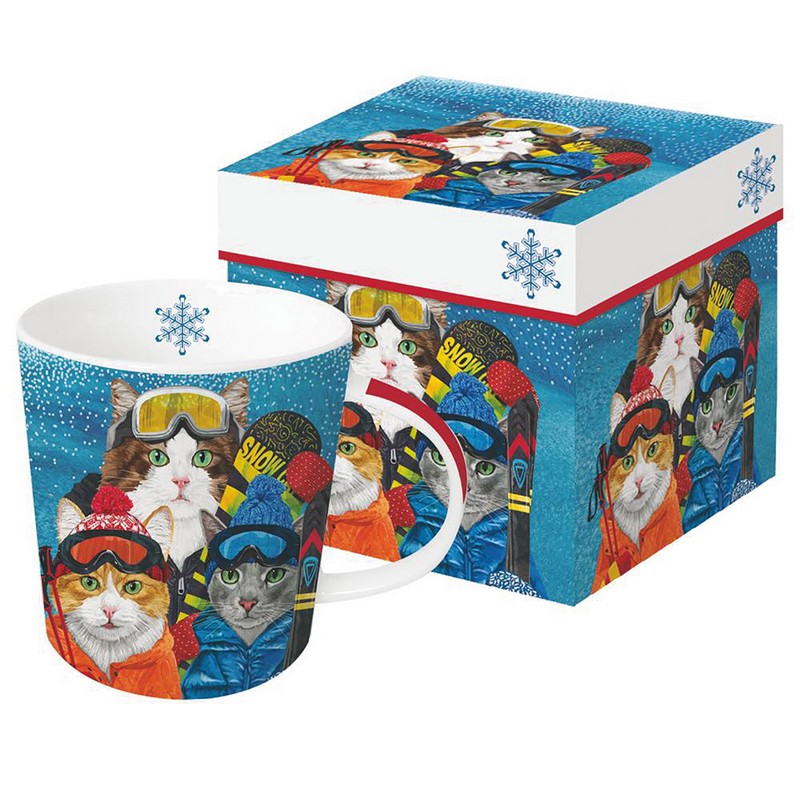 Tazza mug decorata con tre gatti sciatori e fiocco di neve all'interno, in scatola regalo con decoro abbinato, una perfetta idea regalo di Natale