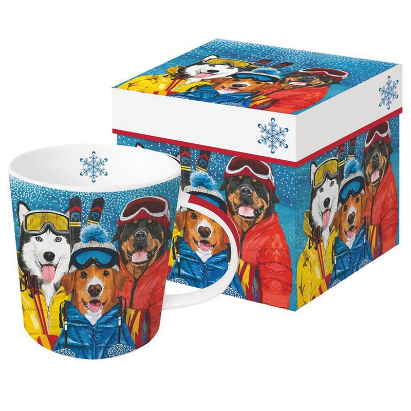 Tazza mug decorata con tre cani sciatori e fiocco di neve all'interno, in scatola regalo, una perfetta idea regalo di Natale con decoro abbinato