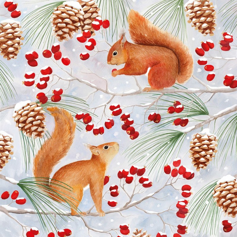Set 20 tovaglioli di carta decorati con scoiattoli sui rami con bacche rosse