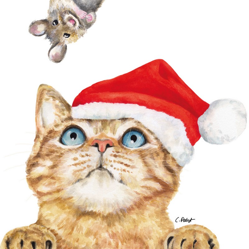 Set 20 tovaglioli di carta natalizi decorati con gatto con cappello di Babbo Natale e topo